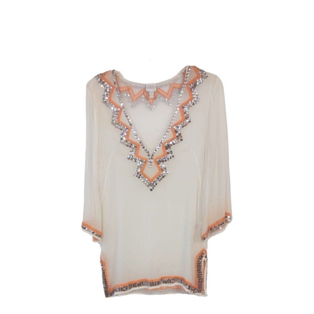 Milly cabana Swimsuit Sheer Cover Up Tunic Dress Sz M Embroidered With Sequin
